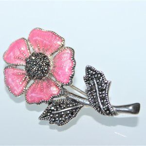 STERLING SILVER PINK ENAMEL MARCASITE BROOCH